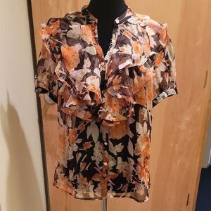 Ralph Lauren Floral Ruffle Blouse - Orange and Black Sz 12